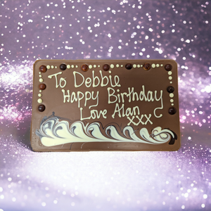 Bespoke Message Chocolate Slab from Crofts Chocolates, showcasing hand-piped white chocolate message