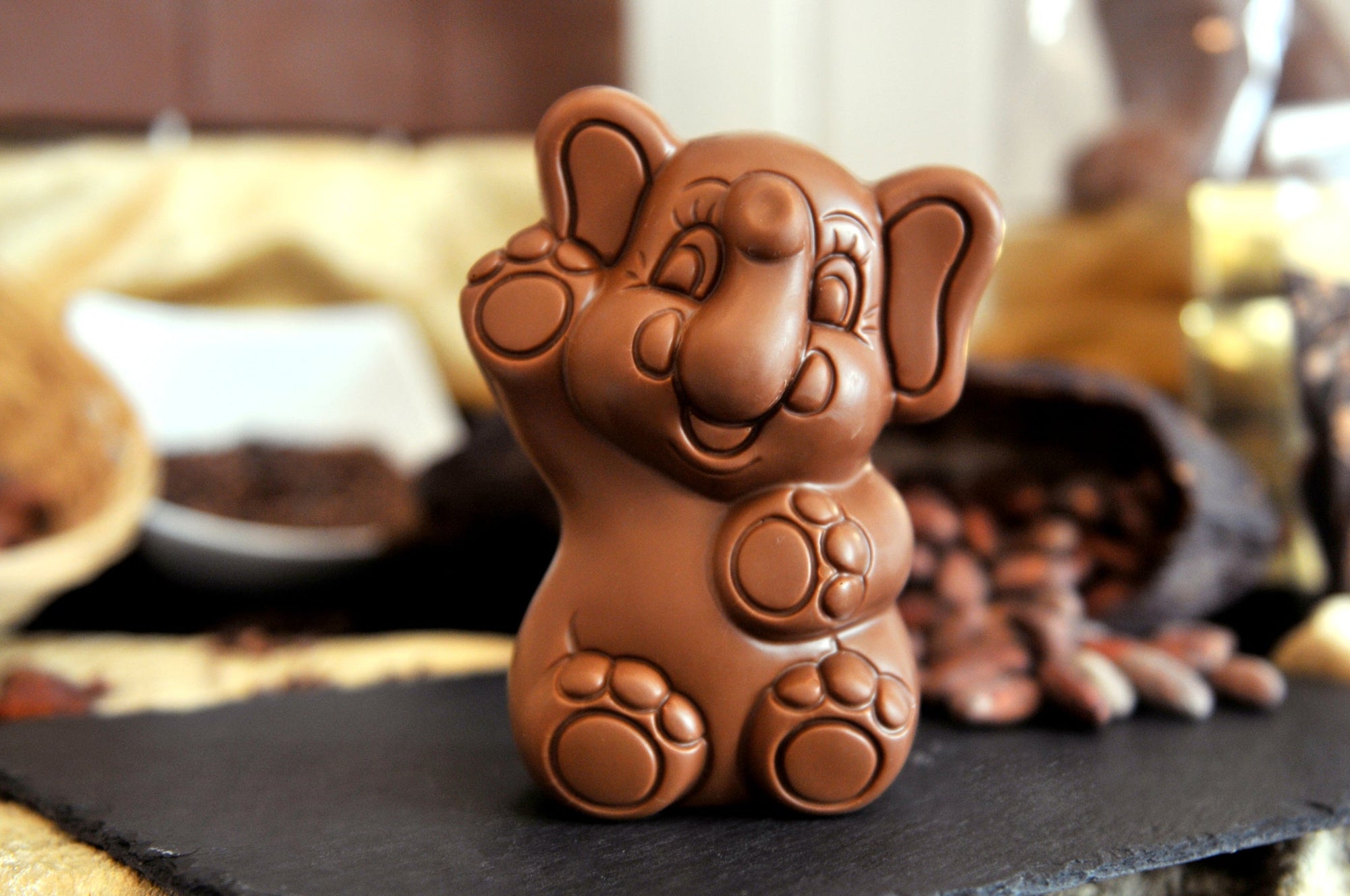 Handmade Belgian chocolate figurines on display - perfect as gifts or indulgent treats.