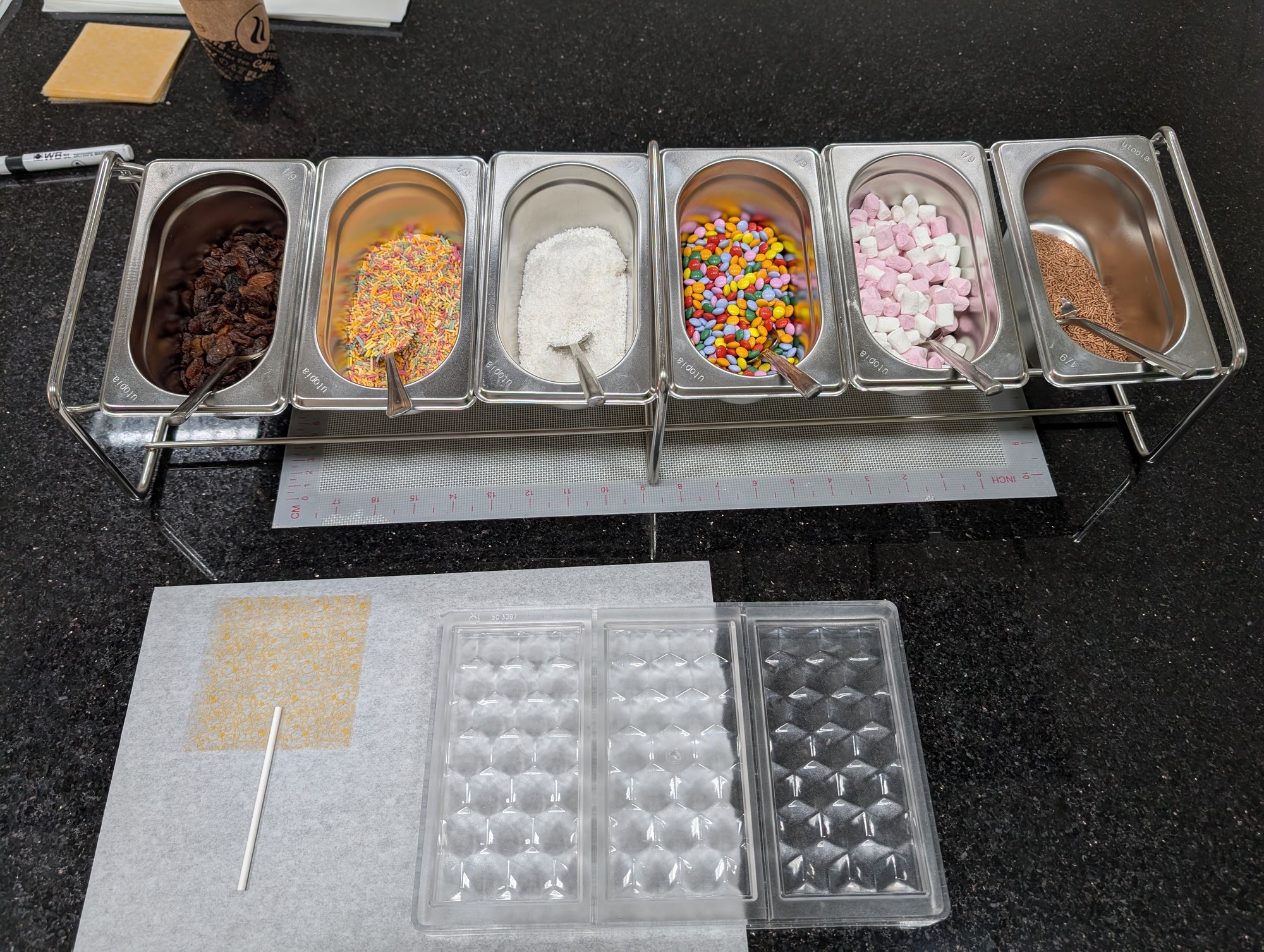 Various ingredients lined up ready for chocolate making
