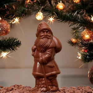 Belgian chocolate Santa in large size, available in milk, dark, and white, from Crofts Chocolates.