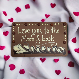 Bespoke Message Chocolate Slab from Crofts Chocolates, showcasing hand-piped white chocolate message